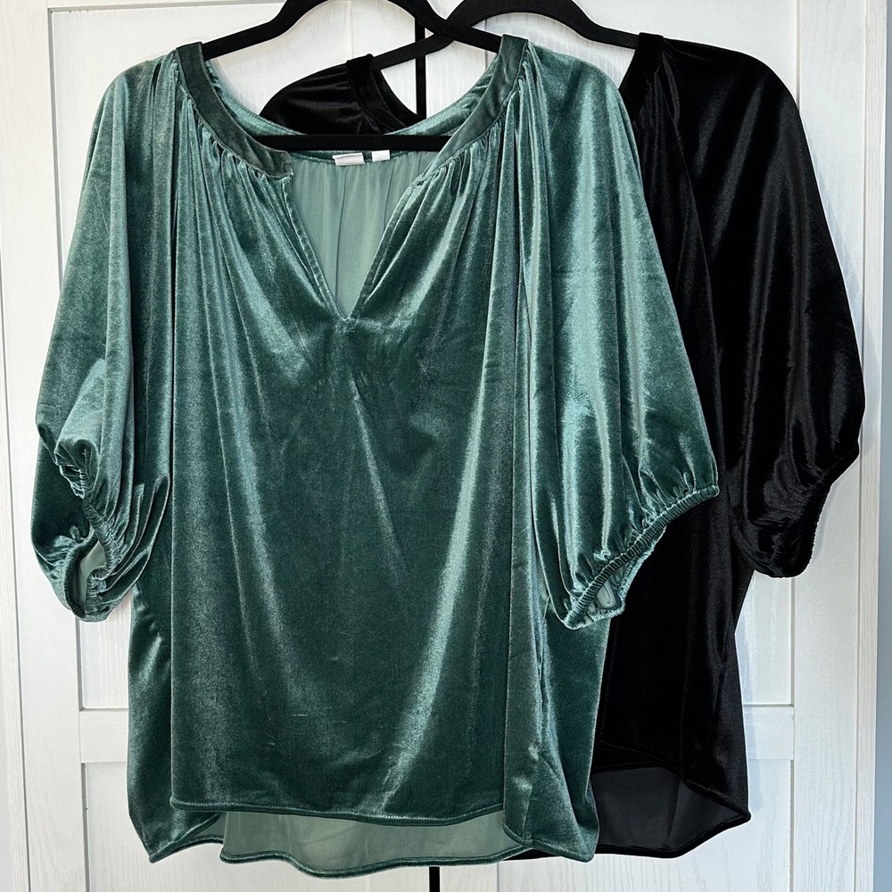 2 Gap Womens Green & Black Velvet Split Neck Puff Sleeve Blouse Size XXL Holiday